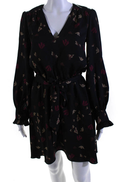Joie Womens Floral Print Belted V-Neck Long Sleeve Dress Black Size XXS