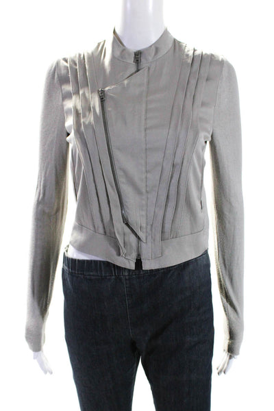 BCBG Max Azria Womens Satin Pleated Zip Up Mid Length Jacket Gray Size XS