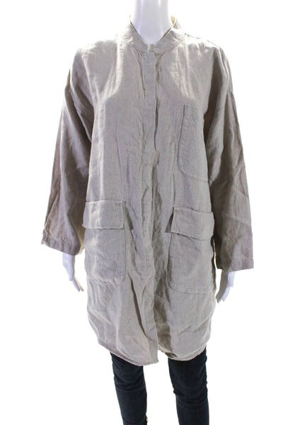 Eileen Fisher Womens Linen Mock Neck Snap Front Long Blouse Shacket Beige Size S