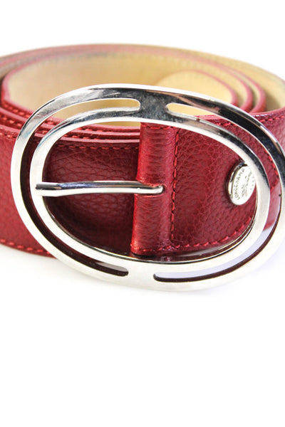 Longchamp Womens Medium Width Pebbled Leather Oval Buckle Belt Red