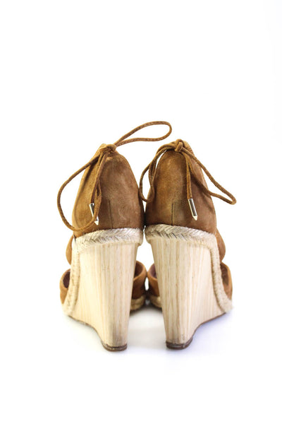 Aquazzura Womens Wooden Wedge Heel Lace Up Sandals Brown Suede Size 37 7