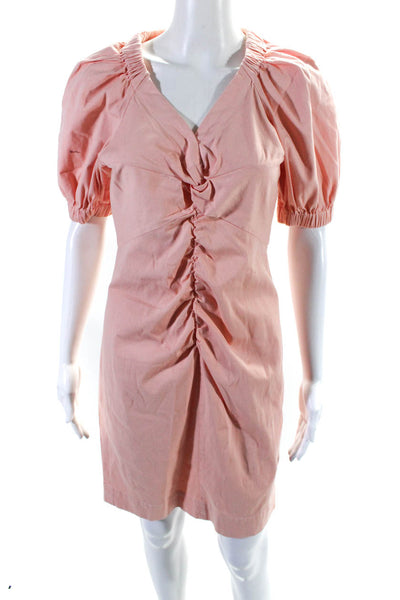 La Vie Womens Cotton Puff Sleeve V-Neck Zip Up Sheath Dress Pink Size S