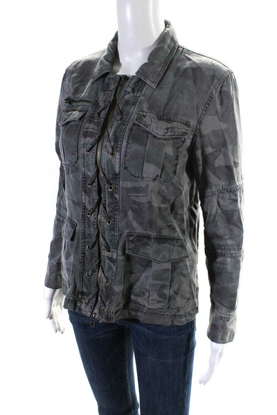 Pam & Gela Womens Camouflage Lace Up Detail Zip Up Jacket Coat Gray Size P