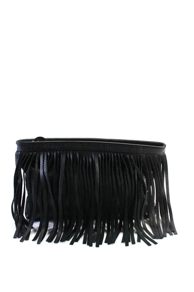 Romy Gold Womens Pebble Grain Leather Fringe Zip Top Black Clutch Handbag