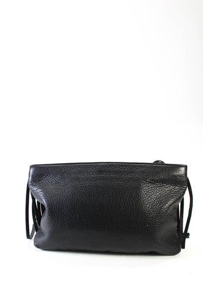 Romy Gold Womens Pebble Grain Leather Fringe Zip Top Black Clutch Handbag