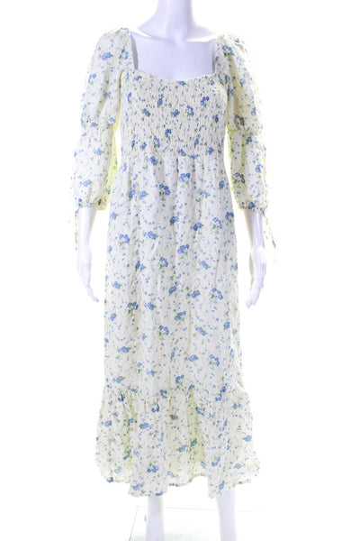 Faithfull The Brand Women Smocked Floral Midi A Line Dress Off White Blue Size 4