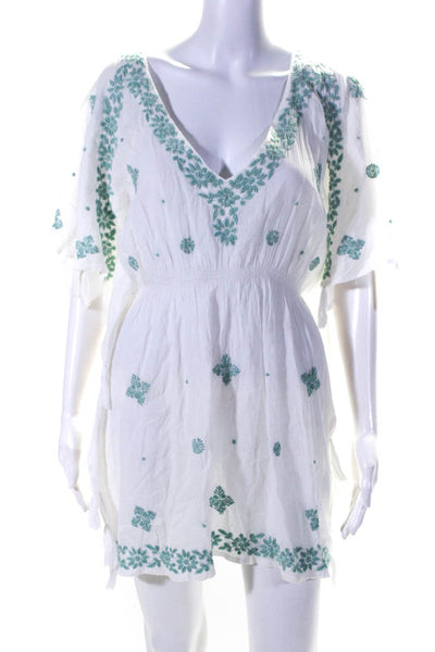 Letarte Womens Embroidered Floral Tassel V Neck Cover Up Dress White Blue Small