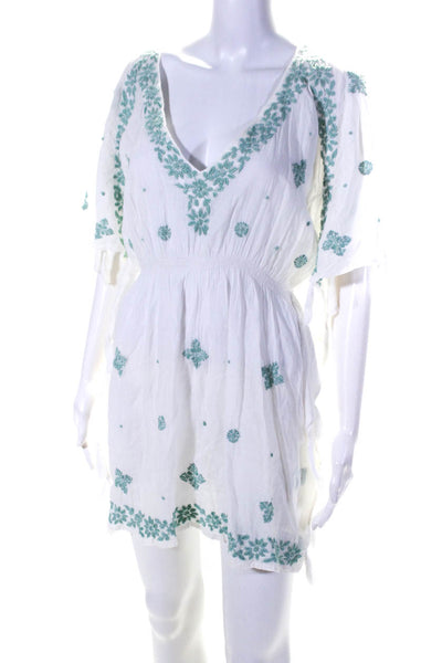 Letarte Womens Embroidered Floral Tassel V Neck Cover Up Dress White Blue Small