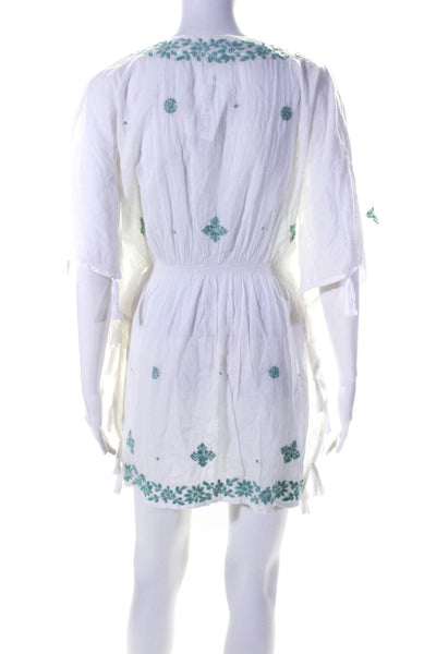 Letarte Womens Embroidered Floral Tassel V Neck Cover Up Dress White Blue Small