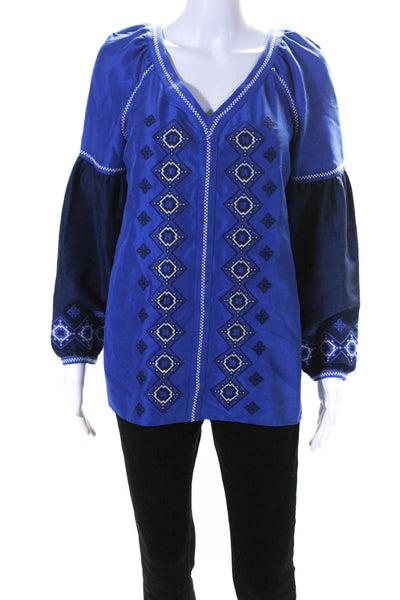 Tory Burch Womens Cross Stitched V Neck Long Sleeve Top Blouse Blue Size 2