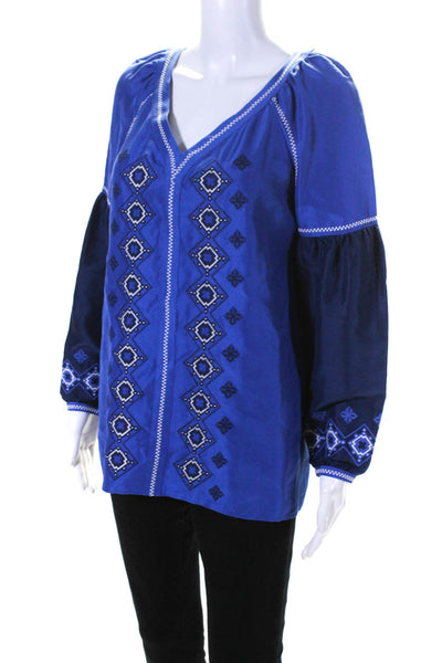 Tory Burch Womens Cross Stitched V Neck Long Sleeve Top Blouse Blue Size 2