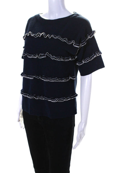 J Crew Women's Round Neck Ruffle Short Sleeves Pullover Sweater Navy Blue Size S