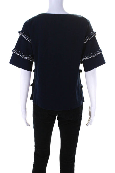J Crew Women's Round Neck Ruffle Short Sleeves Pullover Sweater Navy Blue Size S