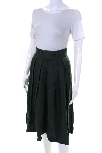 Burberry Womens Woven Pleated Midi A Line Skirt Dark Green Linen Size EU 38