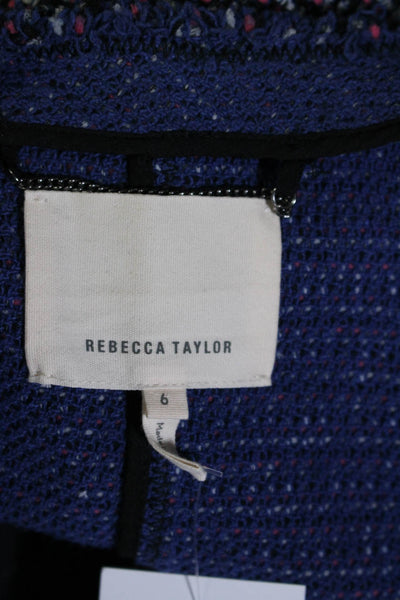 Rebecca Taylor Womens Front Zip Fringe Trim Tweed Jacket Navy Pink Size 6