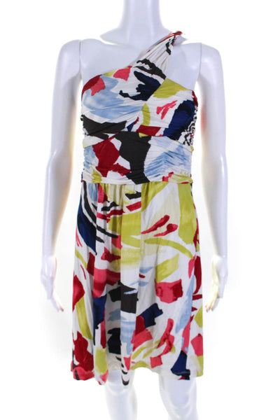 BCBGMAXAZRIA Womens One Shoulder Ruched Abstract Dress White Multi Size Large