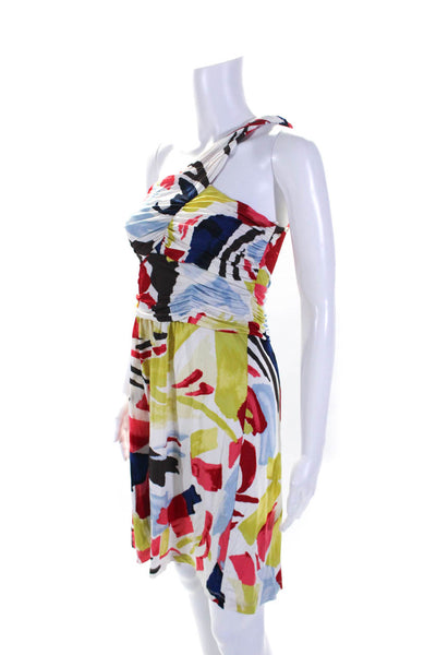 BCBGMAXAZRIA Womens One Shoulder Ruched Abstract Dress White Multi Size Large