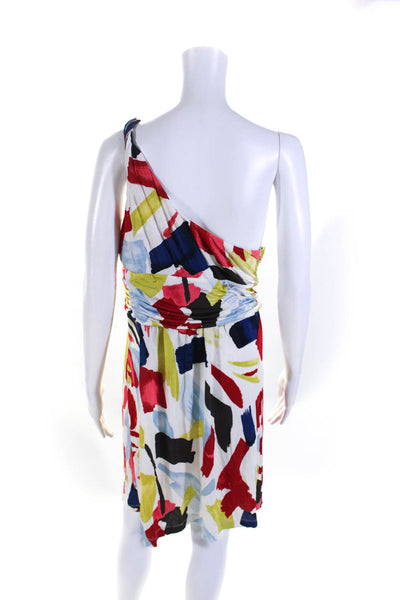 BCBGMAXAZRIA Womens One Shoulder Ruched Abstract Dress White Multi Size Large