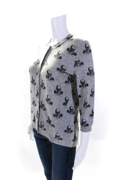 360 Cashmere Womens Skull Print Button Down Cardigan Sweater Gray Size Small