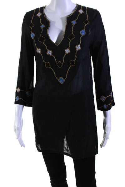 Barbara Gerwit Womens Black Cotton Beaded Scoop Neck 3/4 Sleeve Tunic Top Size M