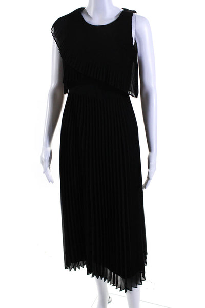 Club Monaco Women's Scoop Neck Sleeveless Ruffle Pleated Midi Dress Black Size 0