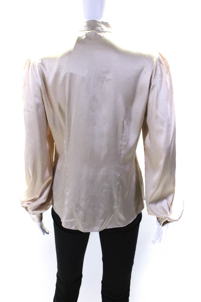 Elie Tahari Womens Long Sleeve Crew Neck Half Button Silk Shirt Brown Medium