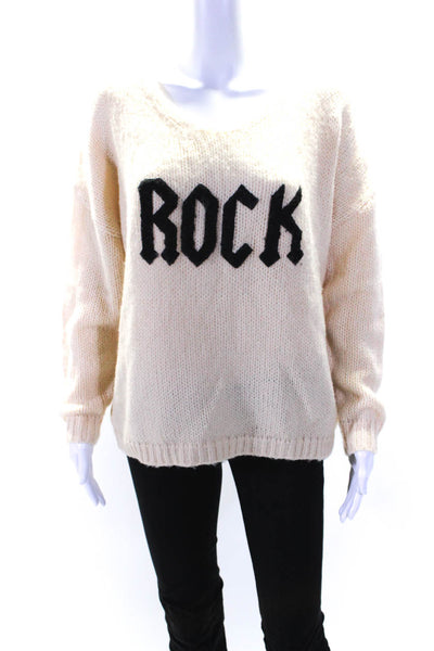 Elan Womens Rock Applique Thick Knit Oversize V Neck Sweater Beige Size Small
