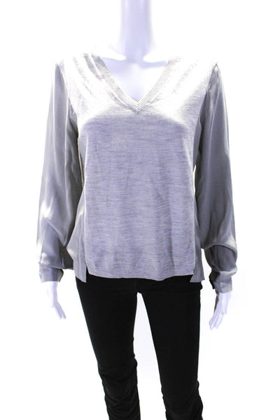 ATM Womens Silk Sleeve Thin Knit V Neck Sweater Gray Wool Size Medium