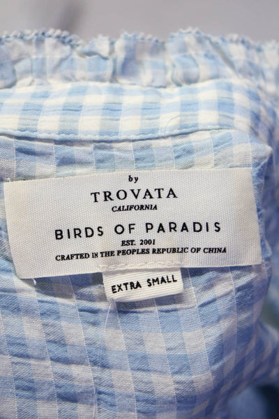Birds of Paradis Womens 3/4 Sleeve Crew Neck Plaid Shirt Blue White Size XS