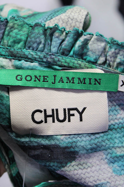 Chufy Womens Ruffled Short Sleeve Keyhole Printed Top Green Cotton Size XS
