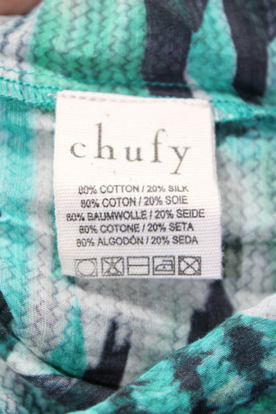 Chufy Womens Ruffled Short Sleeve Keyhole Printed Top Green Cotton Size XS