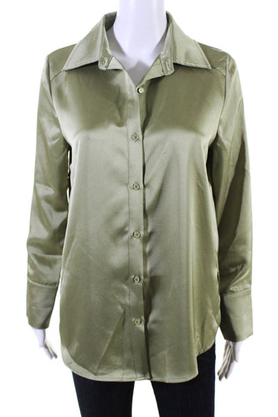 12th Tribe Womens Button Front Long Sleeve Collared Satin Shirt Green Size Small
