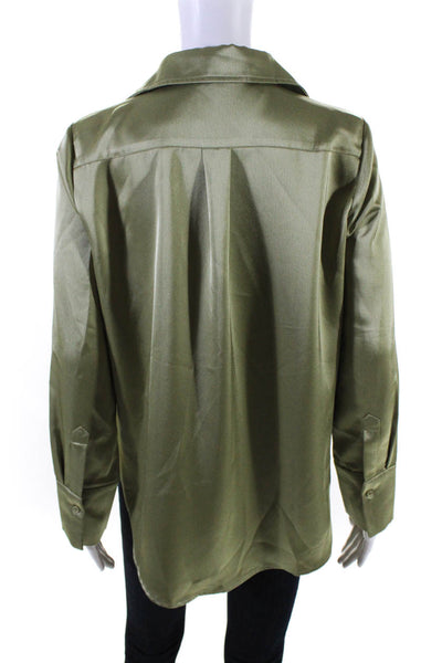 12th Tribe Womens Button Front Long Sleeve Collared Satin Shirt Green Size Small