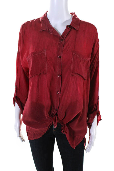 Maven West Womens Button Front Long Sleeve Collared Shirt Red Size Extra Small