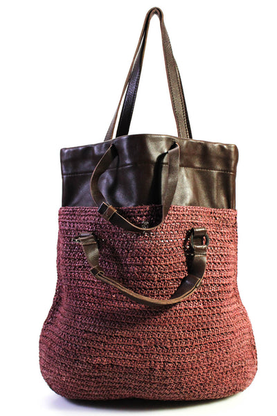 Helen Kaminski Womens Leather & Woven Raffia Two Way Strap Tote Bag Red Handbag