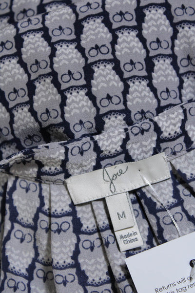Joie Womens Y Neck Owl Print Sleeveless Top Blouse Navy Gray Silk Size Medium