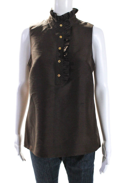 Tory Burch Womens Frill Neck Ruffle Sleeveless Top Blouse Brown Silk Size 8