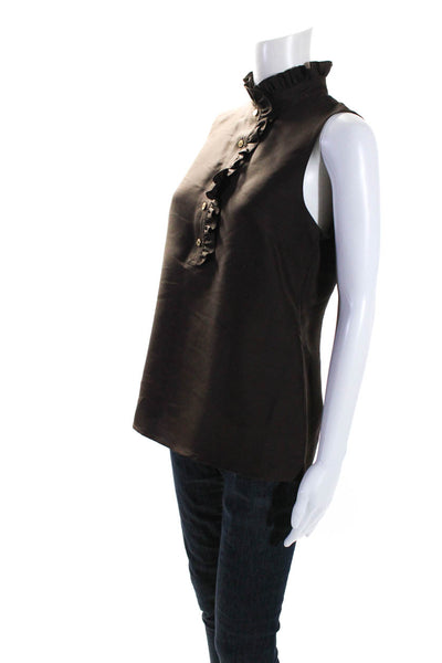 Tory Burch Womens Frill Neck Ruffle Sleeveless Top Blouse Brown Silk Size 8