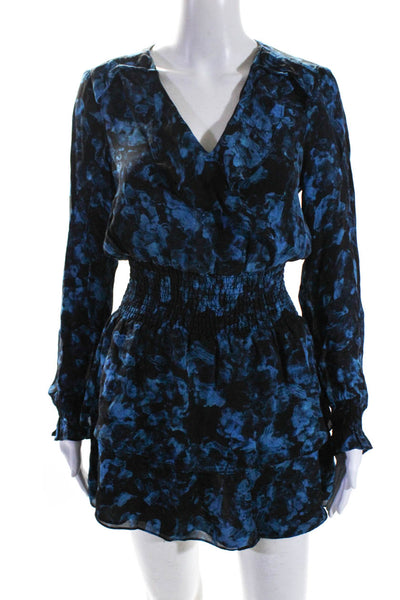 Parker Womens Silk Floral Print Long Sleeves A Line Dress Black Blue Size Extra
