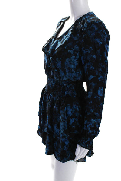 Parker Womens Silk Floral Print Long Sleeves A Line Dress Black Blue Size Extra