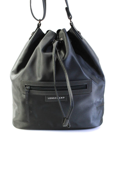 Longchamp Womens Nylon Drawstring Closure Crossbody Gray Large Handbag