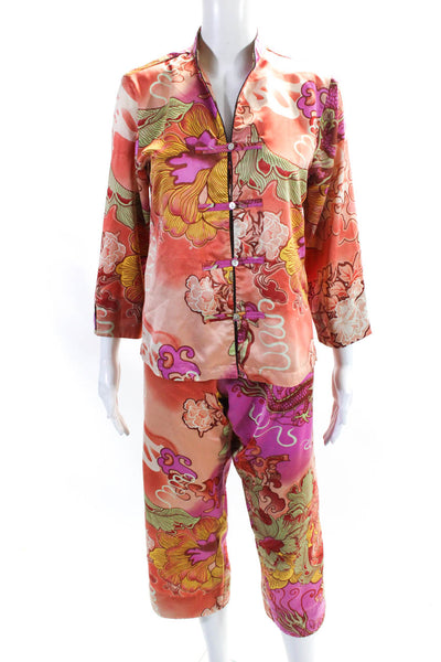 Natori Womens Satin Abstract Button Up Shirt Pants Pajamas Set Peach Size XS