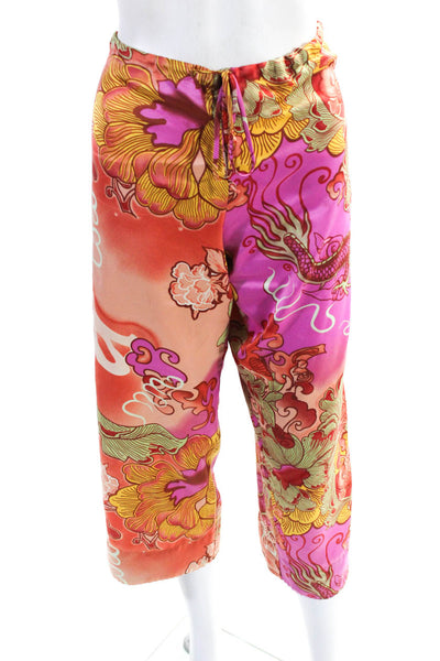 Natori Womens Satin Abstract Button Up Shirt Pants Pajamas Set Peach Size XS
