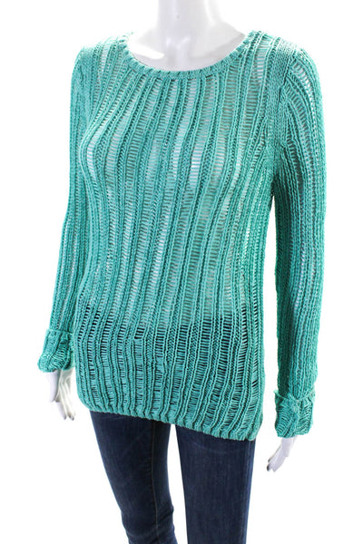Milly Of New York Women's Round Neck Long Sleeves Open Knit Sweater Green Size M