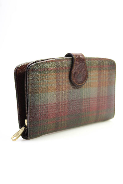 Mulberry Womens Leather & Plaid Coated Canvas Bi Fold Green Brown Wallet 6"