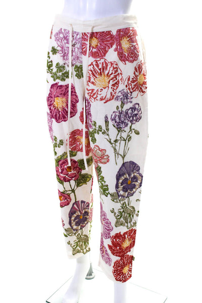Vineet Rahul Womens Cotton Floral Drawstring Wide Leg Pants Beige Size S