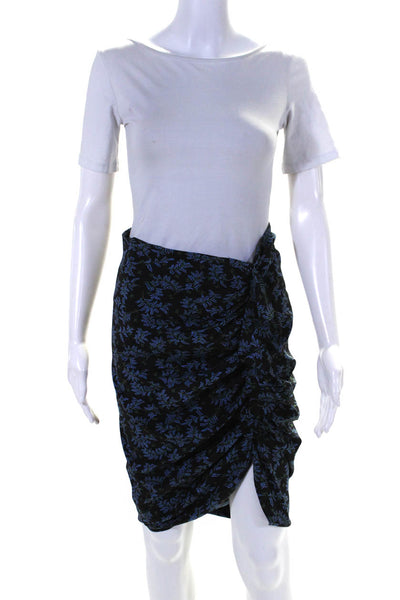 Veronica Beard Womens Ruched Ruffle Floral Pencil Skirt Black Blue Size 4