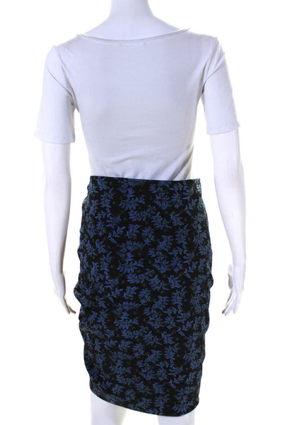 Veronica Beard Womens Ruched Ruffle Floral Pencil Skirt Black Blue Size 4