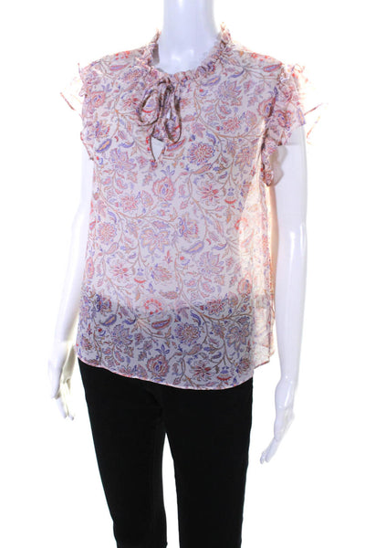 Misa Womens Tie Neck Flutter Sleeve Sheer Floral Top Blouse Pink Purple Size XS