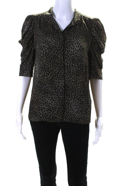 Frame Womens Leopard Print Standing Collar Short Sleeve Top Blouse Brown Small